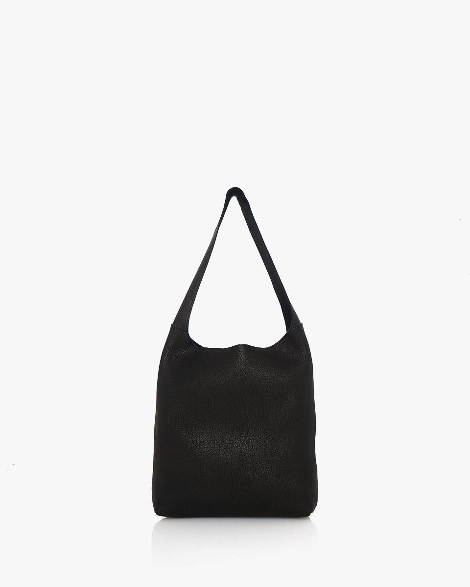 elk leather tall shoulder bag black minimal design made in japan front view