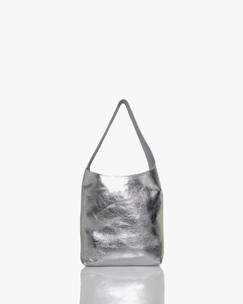 minimal elk leather tall shoulder bag silver foil finish soft natural grain everyday wear made in Japan
