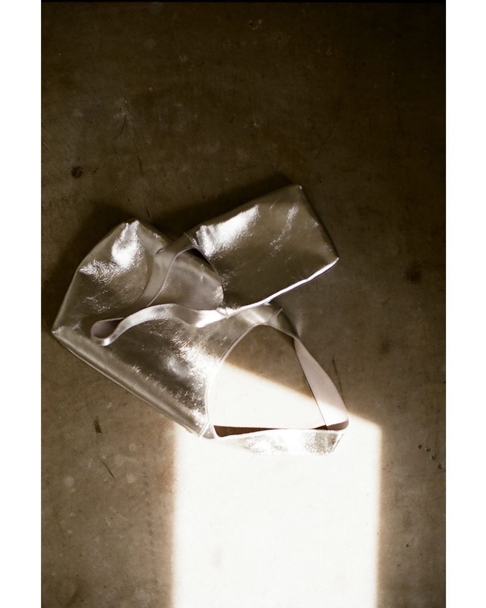 minimal elk leather shoulder bag silver foil finish soft natural texture everyday wear made in Japan front view