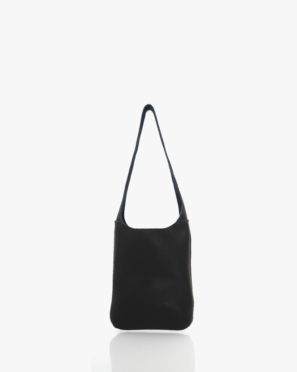 minimal elk leather tall shoulder bag black soft natural grain vertical silhouette everyday wear made in Japan