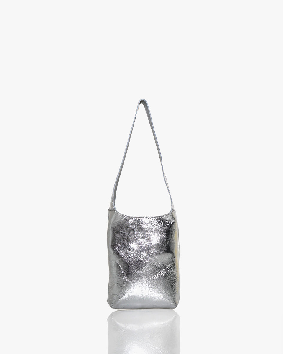 minimal elk leather tall shoulder bag silver foil finish soft natural grain everyday wear made in Japan
